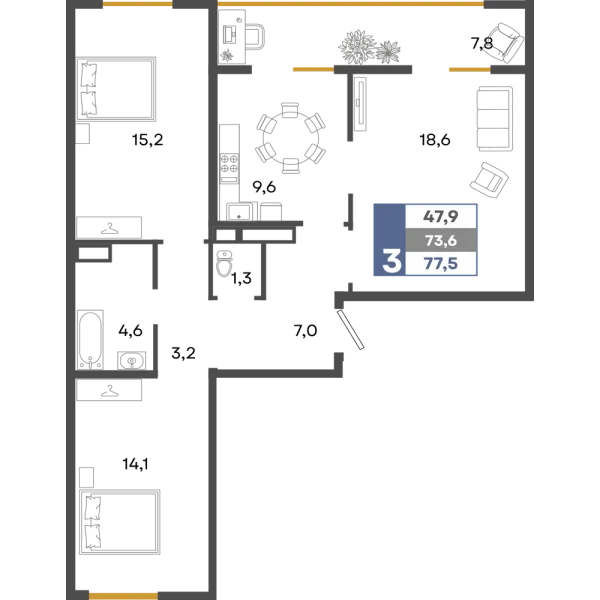 Планировка 3к - квартира