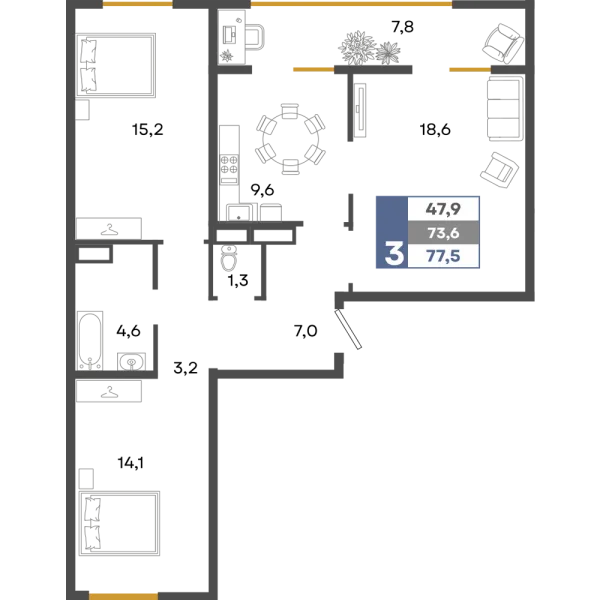 Планировка 3к - квартира