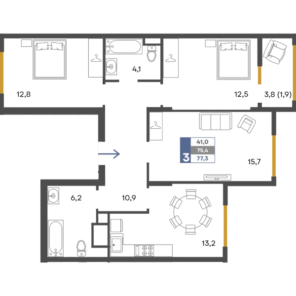 Планировка 3к - квартира