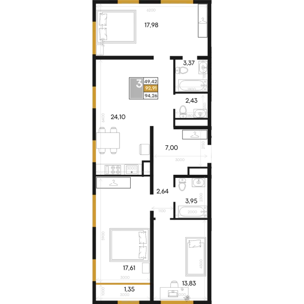 Планировка 3к - квартира